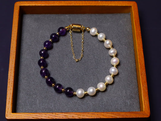 6.0-7.0 mm White Freshwater Pearl and Amethyst Bracelet