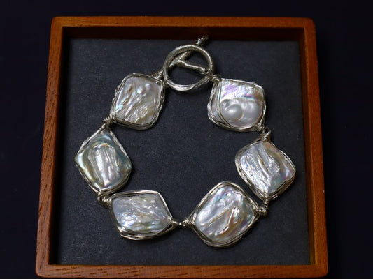 Handmade Silvery Color & Six Rhombus Baroque Freshwater Pearl Bracelet